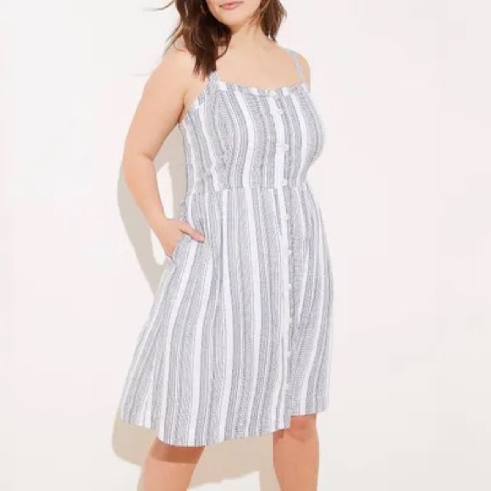 Loft Plus Size Blue White Stripe Button Midi Dress
